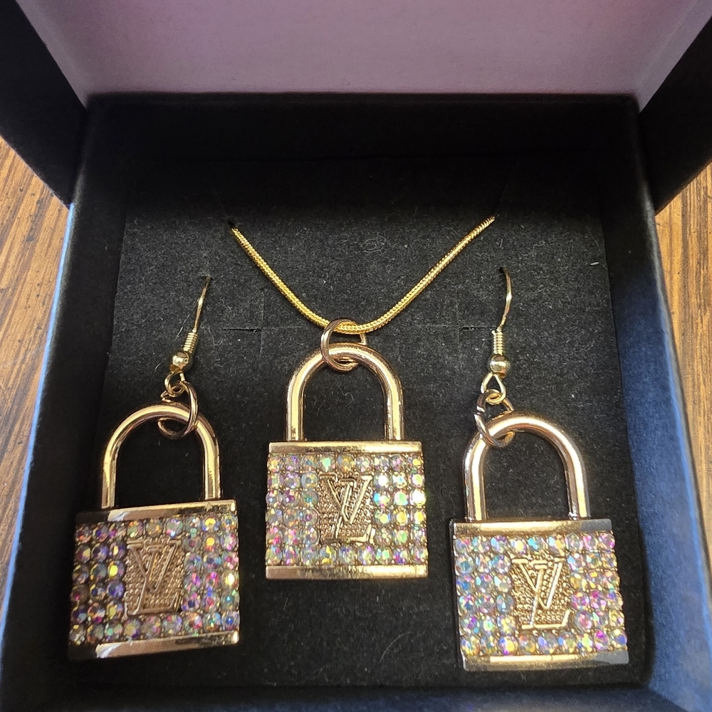 Gold Padlock Earrings and Necklace Set